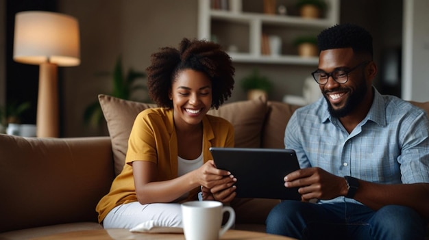 Photo a man and woman sit on a couch and look at a tablet that says  no