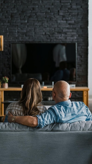 Photo a man and woman sit on a couch and look at the tv