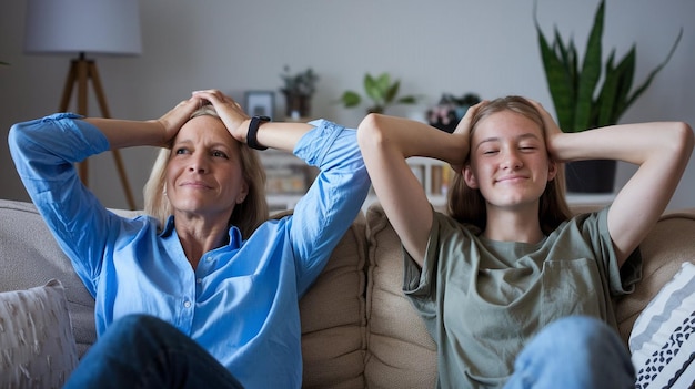 Photo a man and a woman sit on a couch with their arms around their head