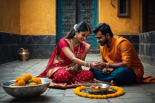 a man and woman sit on a floor in front of a temple