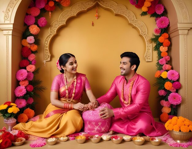 a man and woman sit in front of a decorated wall with flowers and a woman wearing a yellow sari