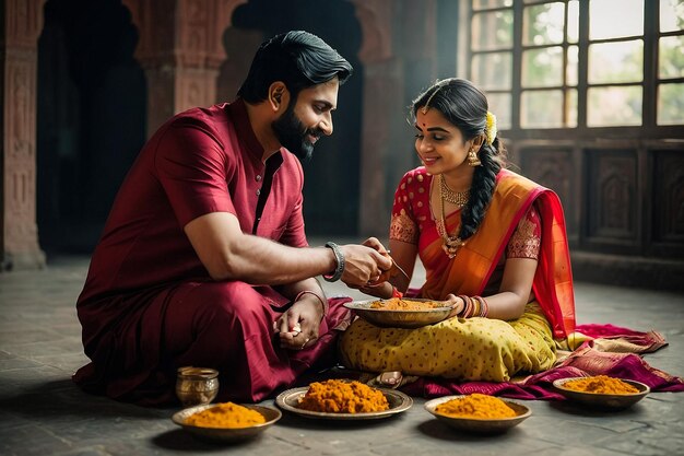 a man and woman sit in front of a plate of food with rice and spices