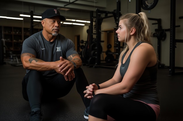 A man and woman sit in a gym, talking, with the letter t on the front of the shirt.