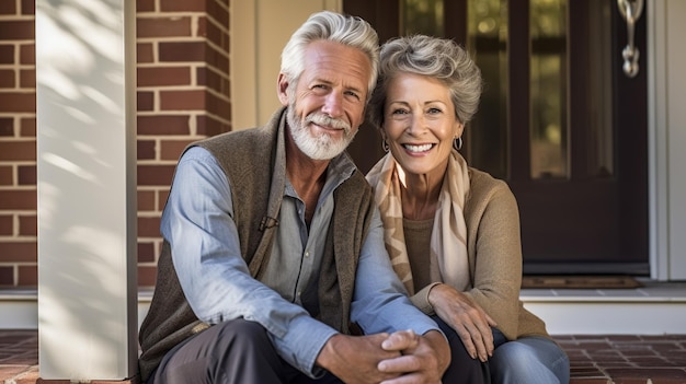 A man and woman sit on a porch smiling.