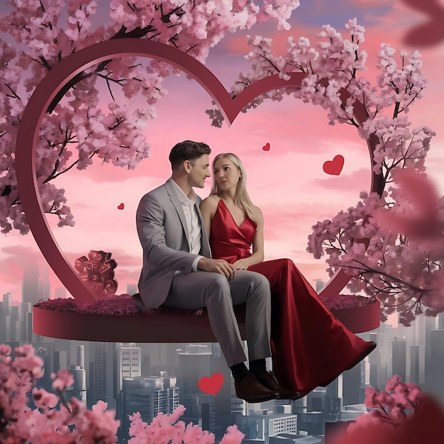 a man and woman sit on a swing in front of a heart with a tree and the words love in the background