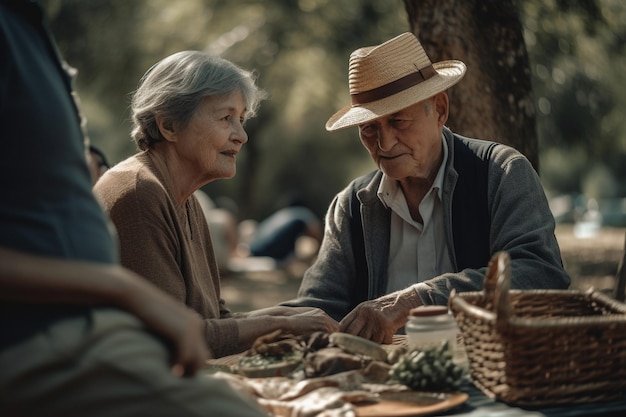 A man and woman sit at a table with a basket of food and a basket of fruit