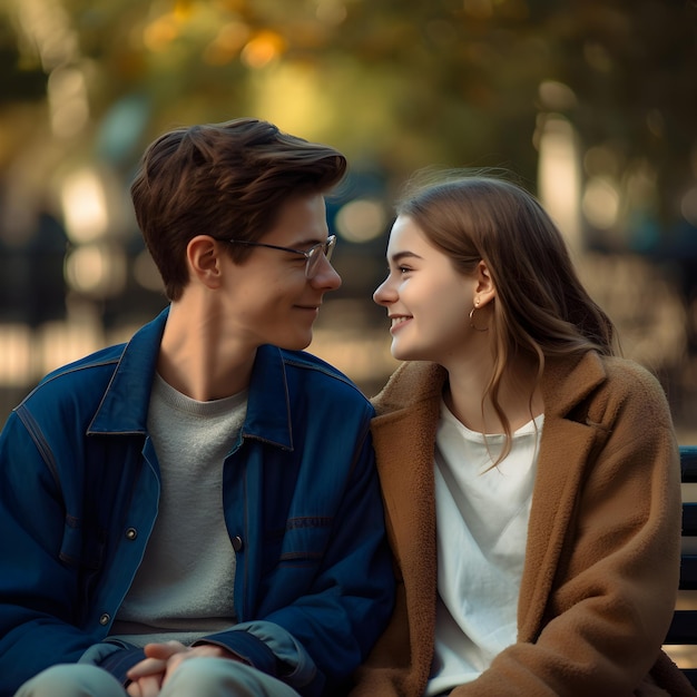 A man and woman sitting on a bench looking at each other and smiling