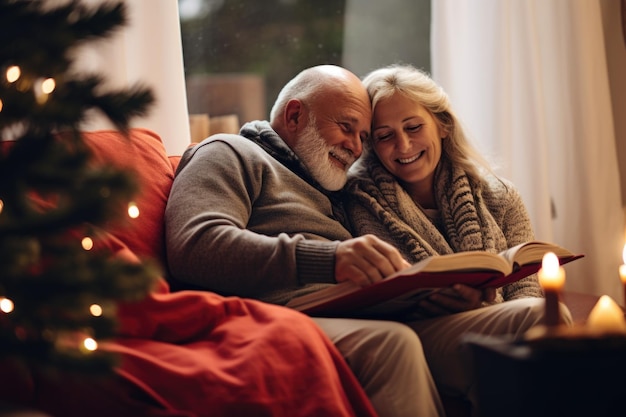 A man and woman sitting on a couch reading a book Imaginary AI picture