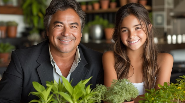 Man and Woman Sitting Next to Each Other in Front of Potted Plants