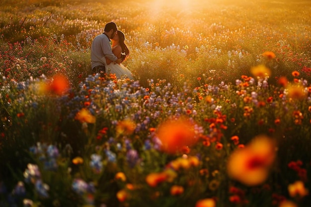 a man and a woman sitting in a field of flowers