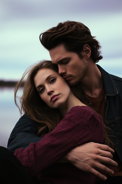 a man and a woman sitting side by side in front of a lake during their engagement session