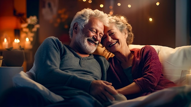 Man and woman sitting together on couch smiling at each other