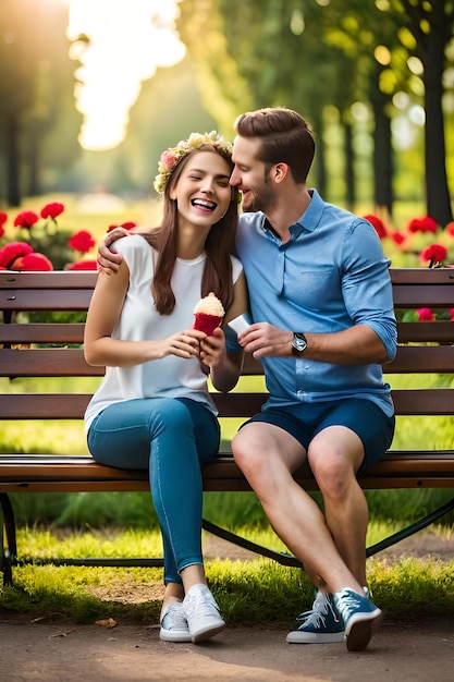 a man and woman sitting on top of a wooden bench