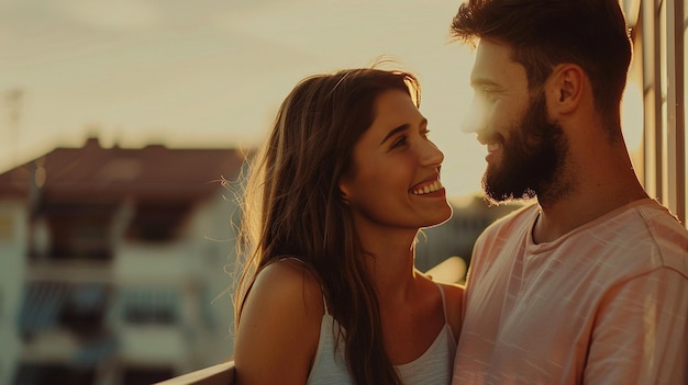 a man and woman smile and smile in front of a sunset background