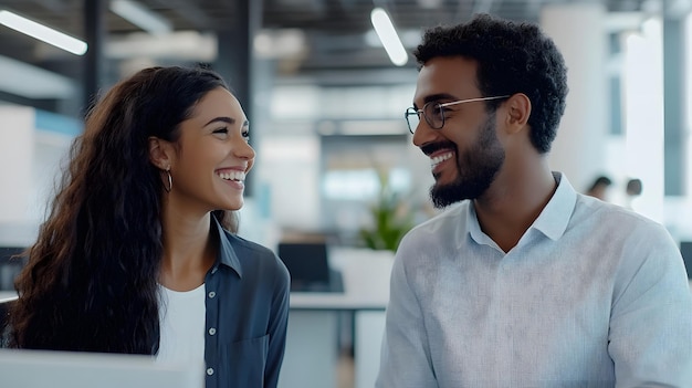 A Man and Woman Smiling at Each Other in an Office Setting