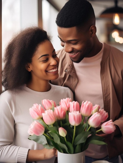 a man and woman smiling and holding flowers