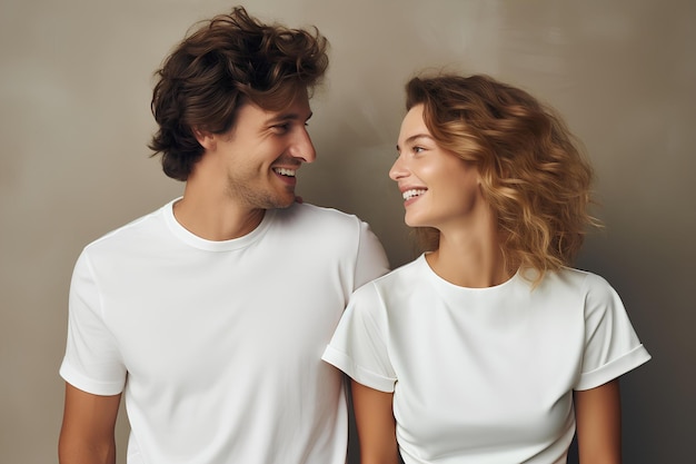 Man and woman smiling together wearing white shirts