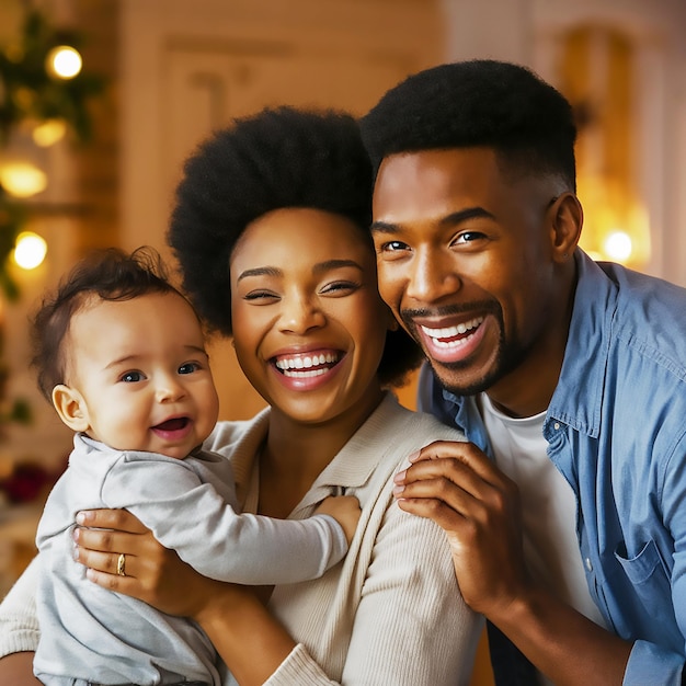 a man and woman smiling with a baby in front of them