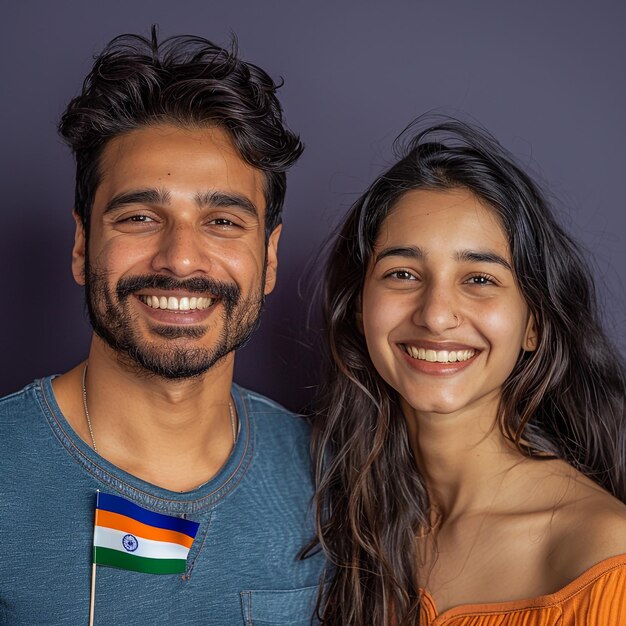 Photo a man and a woman smiling with the words quot india quot on the front