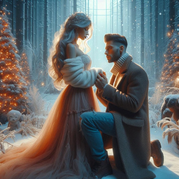 a man and a woman in a snowy forest