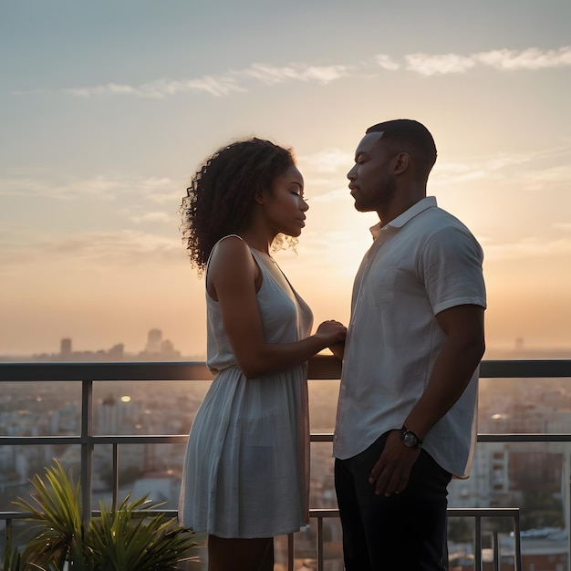 Photo a man and a woman stand on a balcony and talk with the city behind them