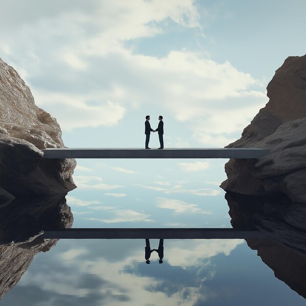 Photo a man and a woman stand on a bridge that is reflected in the water