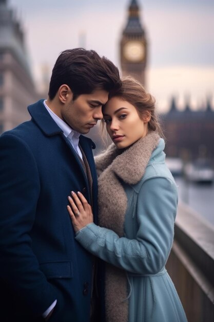 A man and woman stand on a bridge with the clock tower in the background.