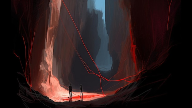 A man and woman stand in a canyon with red lines on the ground.