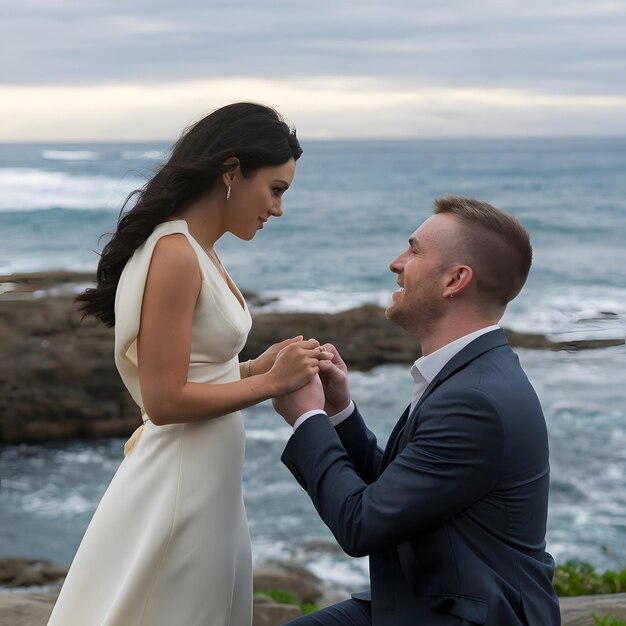 Photo a man and woman stand on a cliff in front of the ocean