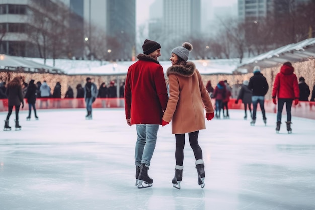 A man and a woman stand next to each other on an icy surface wearing ice skates Cute couple iceskating handinhand on Valentines Day AI Generated