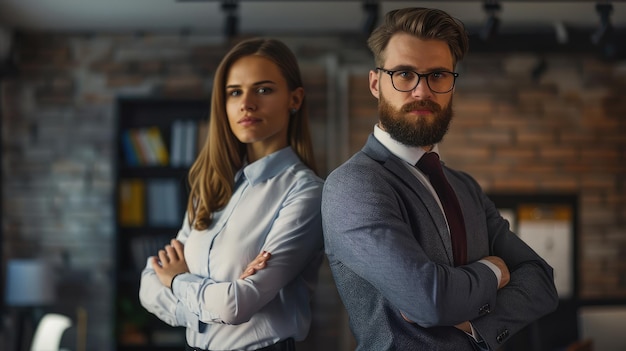 a man and a woman stand in front of a book shelf