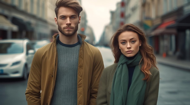 A man and a woman stand in front of a street with a building in the background.