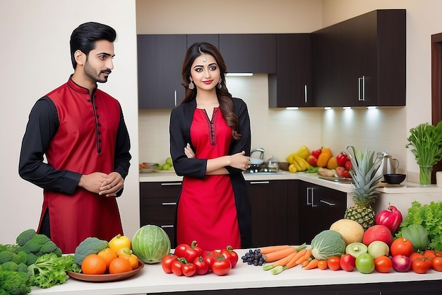 Photo a man and woman stand in front of a table full of fruit and vegetables