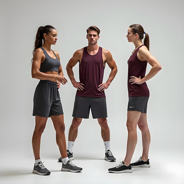 a man and woman stand in front of a white background with the words quot sport quot on it