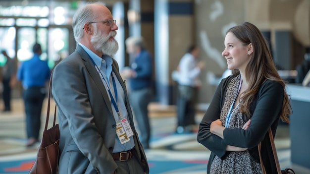 a man and a woman stand in a lobby with one of them wearing a name tag