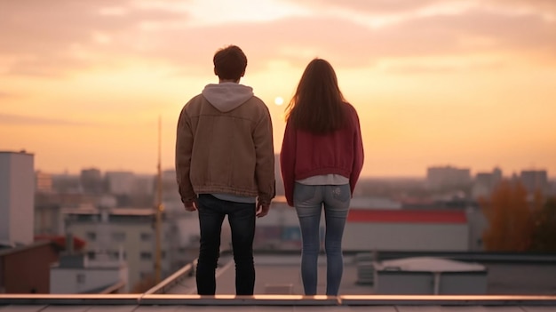 man and woman stand on penthouse watching sunset on evening sky on city romantic