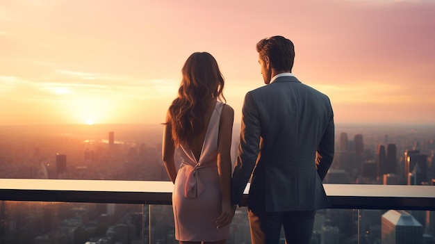 man and woman stand on penthouse watching sunset on evening sky on city romantic