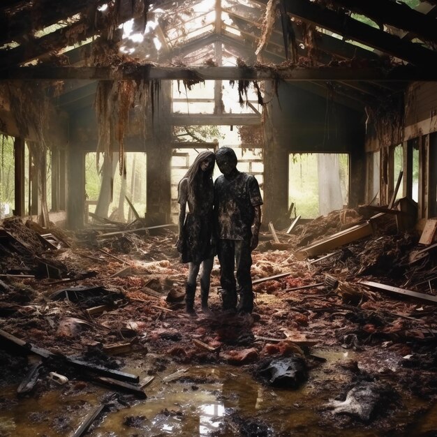 A man and woman stand in a ruined building with the words'the word love'on the bottom right corner.