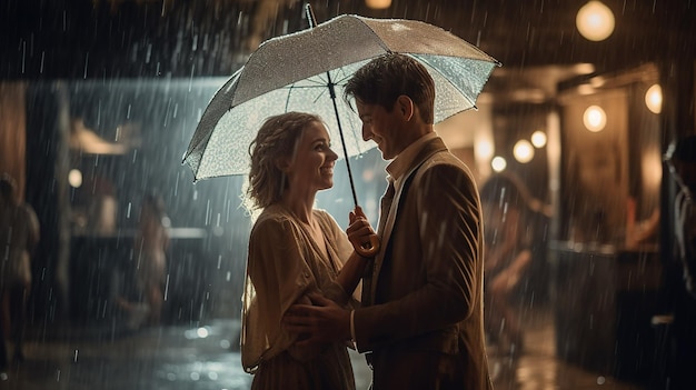 A man and a woman stand under an umbrella in the rain