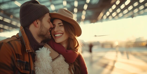 A man and a woman standing in the airport terminal ready for travel and vacation