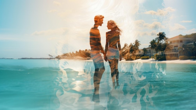 A man and a woman standing on a beach generative ai image