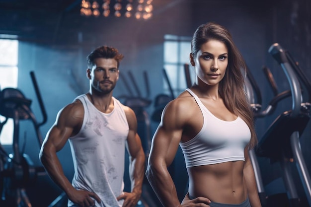 a man and a woman standing next to each other in a gym