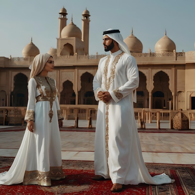 a man and woman standing in front of a building with a man in a white robe