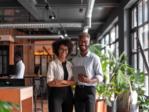 Photo a man and a woman standing in a lobby with a laptop