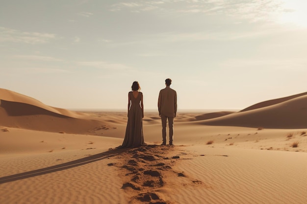 man and a woman standing in the middle of a desert