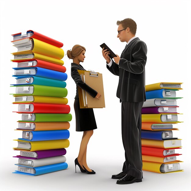 Photo a man and a woman standing next to a stack of books