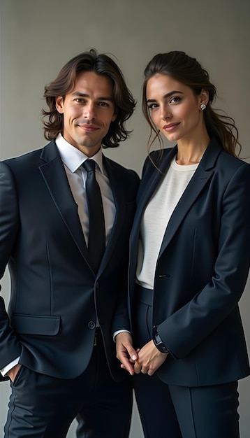 Photo a man and woman in suits posing for a photo