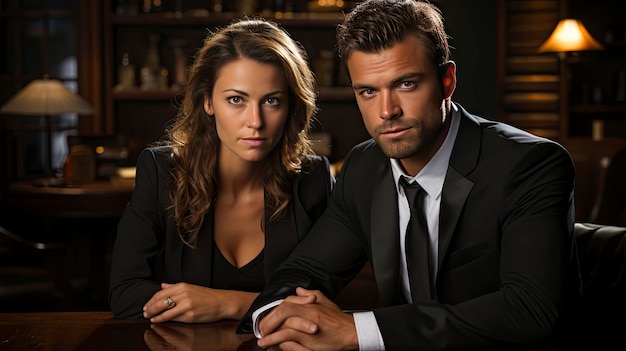 a man and woman in suits sit on a table in front of a mirror.