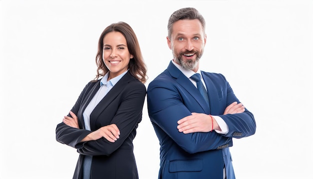 a man and woman in suits stand in front of a white background