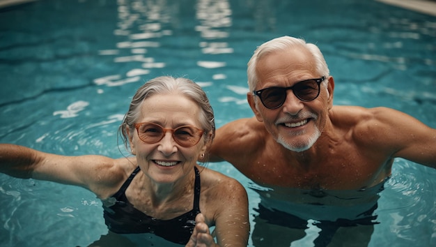 a man and woman swimming in a swimming pool